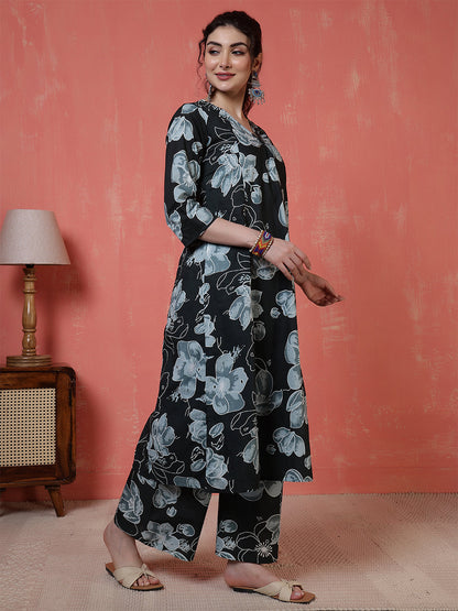 Black Floral Printed Co-Ord Set for Women | LASVINI - Redefining Indian Fashion with Elegance