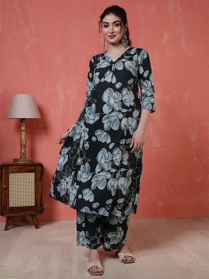 Black Floral Printed Co-Ord Set for Women | LASVINI - Redefining Indian Fashion with Elegance