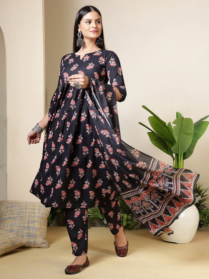 Black Printed Anarkali Kurta Set With Dupatta For Women | LASVINI - Redefining Indian Fashion with Elegance