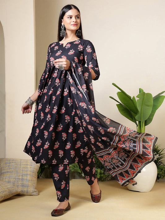 Black Printed Anarkali Kurta Set With Dupatta For Women | LASVINI - Redefining Indian Fashion with Elegance
