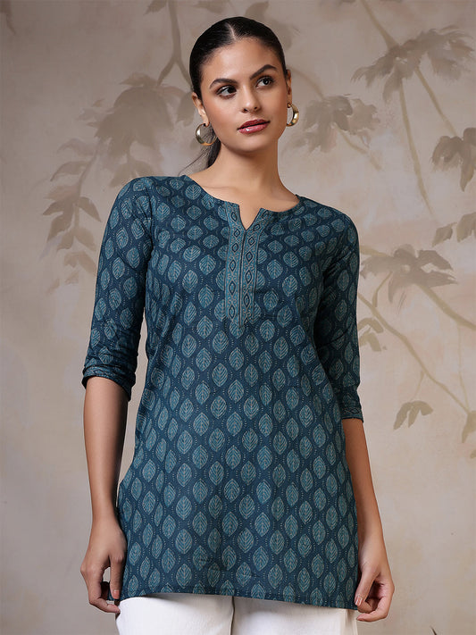 Women Teal Blue Printed Straight Tunic | LASVINI - Redefining Indian Fashion with Elegance