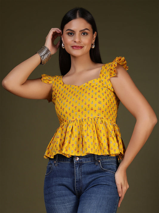 Women Yellow Printed Top | LASVINI - Redefining Indian Fashion with Elegance