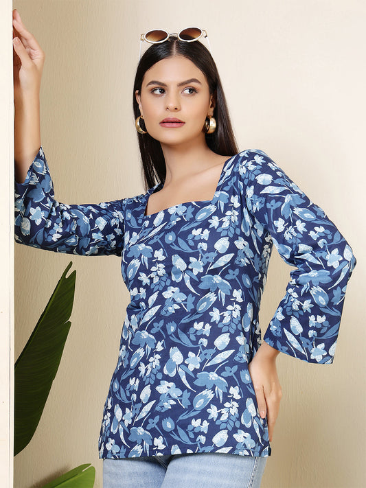 Women Blue Printed Straight Tunic | LASVINI - Redefining Indian Fashion with Elegance