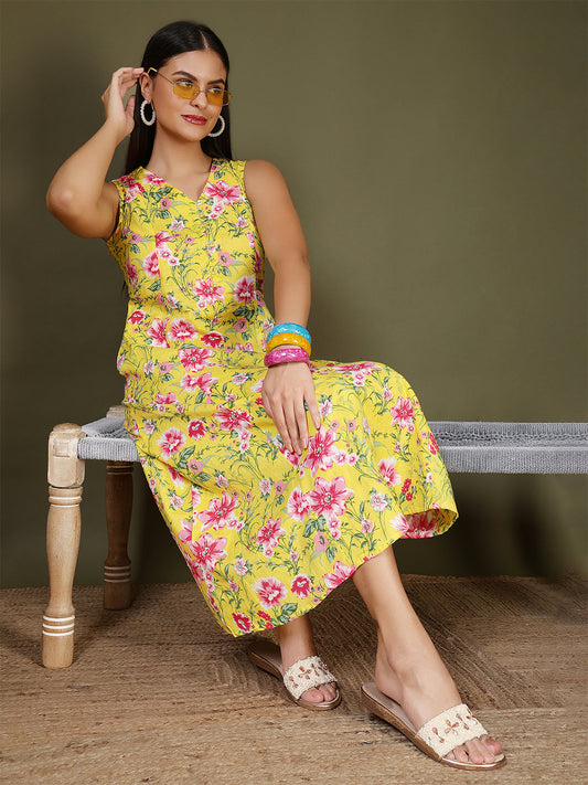 Yellow Printed Dress for Women | LASVINI - Redefining Indian Fashion with Elegance