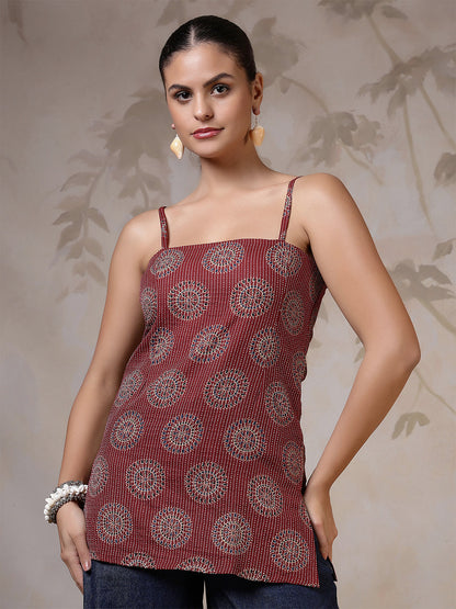 Women Maroon Printed Straight Tunic | LASVINI - Redefining Indian Fashion with Elegance