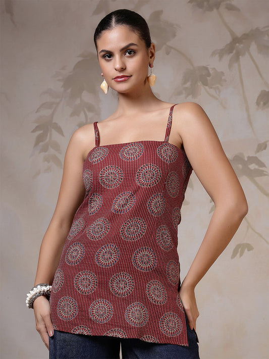 Women Maroon Printed Straight Tunic | LASVINI - Redefining Indian Fashion with Elegance