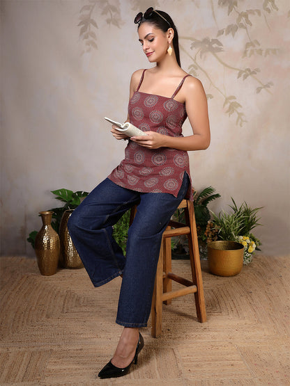 Women Maroon Printed Straight Tunic | LASVINI - Redefining Indian Fashion with Elegance