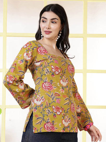 Women Mustard Printed Straight Tunic | LASVINI - Redefining Indian Fashion with Elegance
