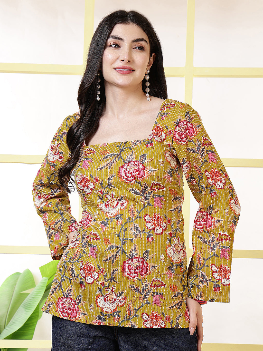 Women Mustard Printed Straight Tunic | LASVINI - Redefining Indian Fashion with Elegance