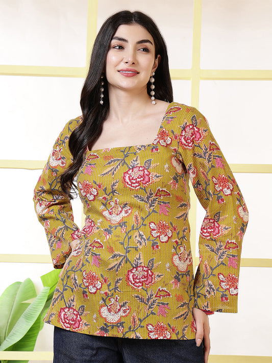 Women Mustard Printed Straight Tunic | LASVINI - Redefining Indian Fashion with Elegance