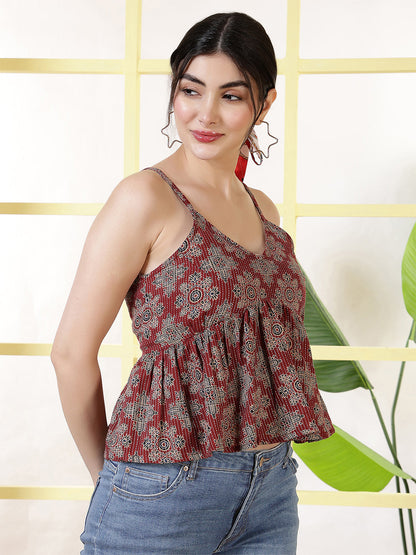 Women Maroon Printed Top | LASVINI - Redefining Indian Fashion with Elegance