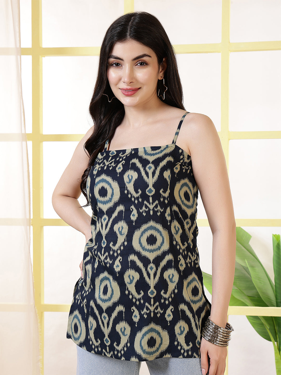 Women Navy Blue Printed Straight Tunic | LASVINI - Redefining Indian Fashion with Elegance