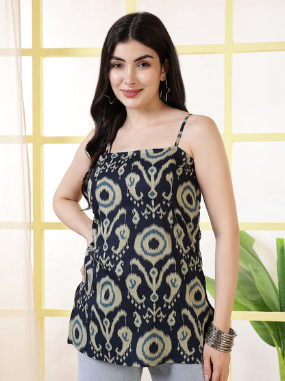 Women Navy Blue Printed Straight Tunic | LASVINI - Redefining Indian Fashion with Elegance
