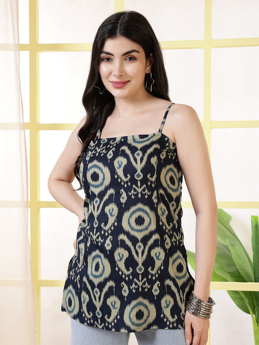 Women Navy Blue Printed Straight Tunic | LASVINI - Redefining Indian Fashion with Elegance