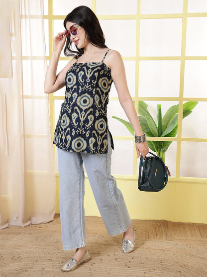 Women Navy Blue Printed Straight Tunic | LASVINI - Redefining Indian Fashion with Elegance