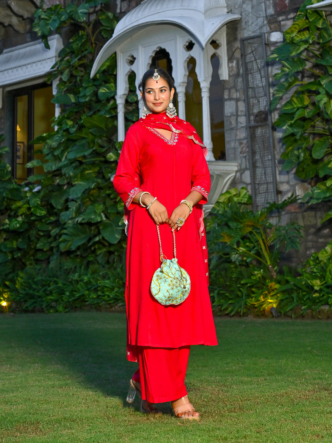Magenta Pink Embroidered Kurta With Palazzo And Organza Dupatta | LASVINI - Redefining Indian Fashion with Elegance