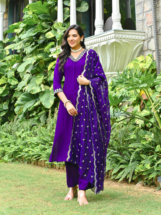 Purple Embroidered Kurta With Palazzo And Organza Dupatta | LASVINI - Redefining Indian Fashion with Elegance