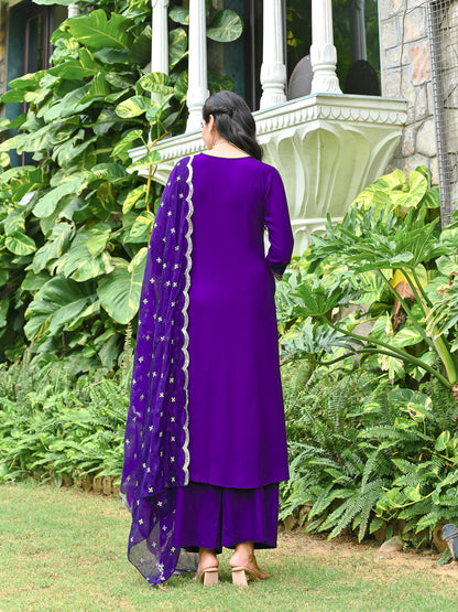 Purple Embroidered Kurta With Palazzo And Organza Dupatta | LASVINI - Redefining Indian Fashion with Elegance