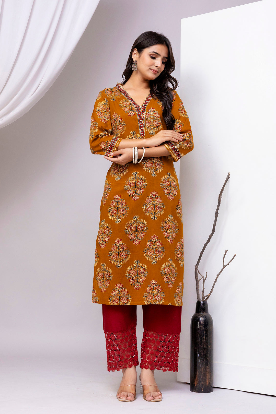 Mustard Printed Straight Kurta with Three Quarter Sleeves | LASVINI - Redefining Indian Fashion with Elegance