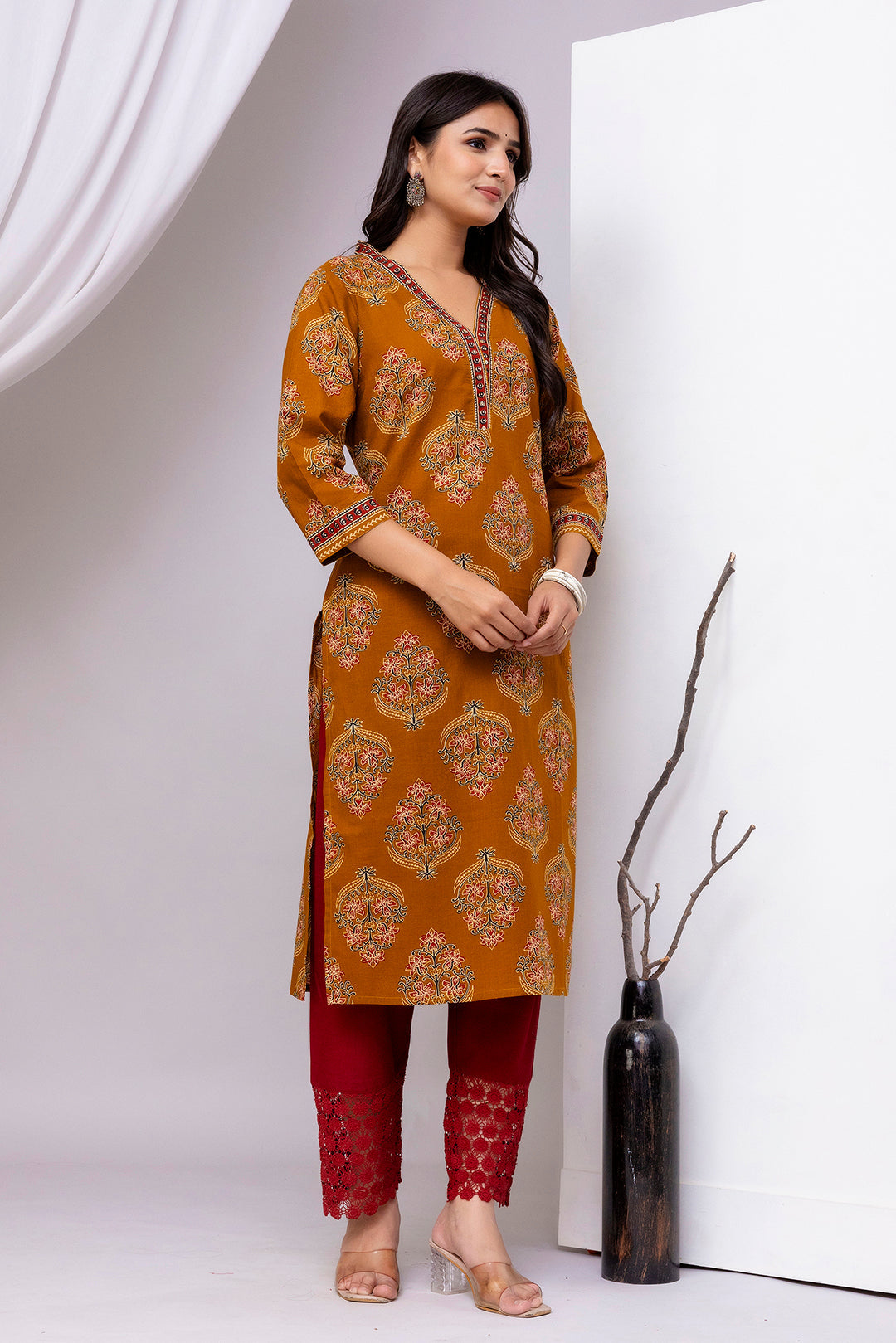Mustard Printed Straight Kurta with Three Quarter Sleeves | LASVINI - Redefining Indian Fashion with Elegance