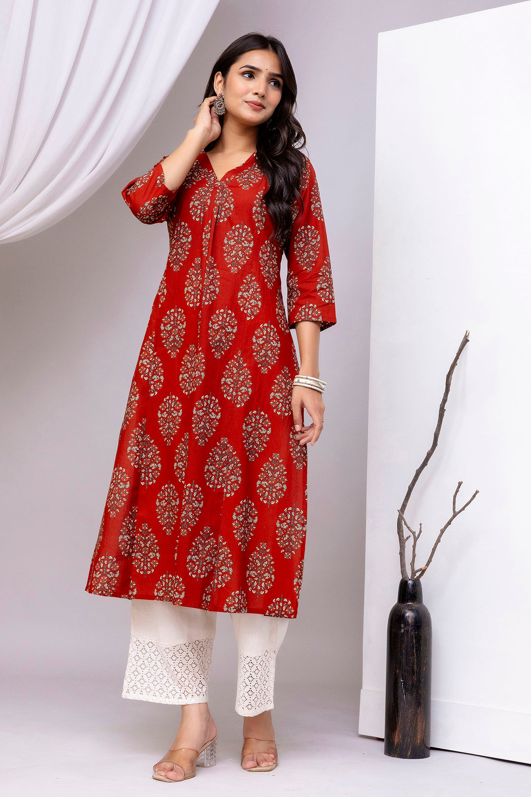 Maroon Printed Straight Kurta with Three Quarter Sleeves | LASVINI - Redefining Indian Fashion with Elegance