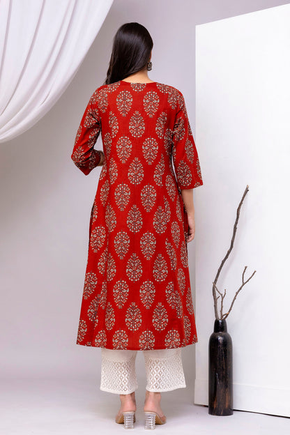 Maroon Printed Straight Kurta with Three Quarter Sleeves | LASVINI - Redefining Indian Fashion with Elegance