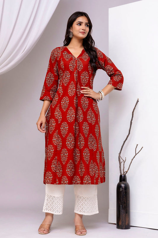 Maroon Printed Straight Kurta with Three Quarter Sleeves | LASVINI - Redefining Indian Fashion with Elegance