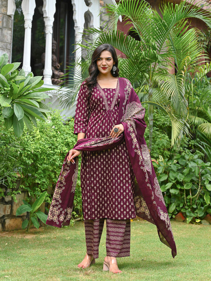Wine Printed Straight Kurta & Palazzo With Dupatta for Women | LASVINI - Redefining Indian Fashion with Elegance