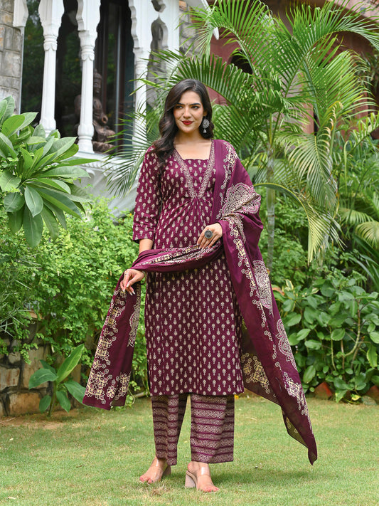 Wine Printed Straight Kurta & Palazzo With Dupatta for Women | LASVINI - Redefining Indian Fashion with Elegance