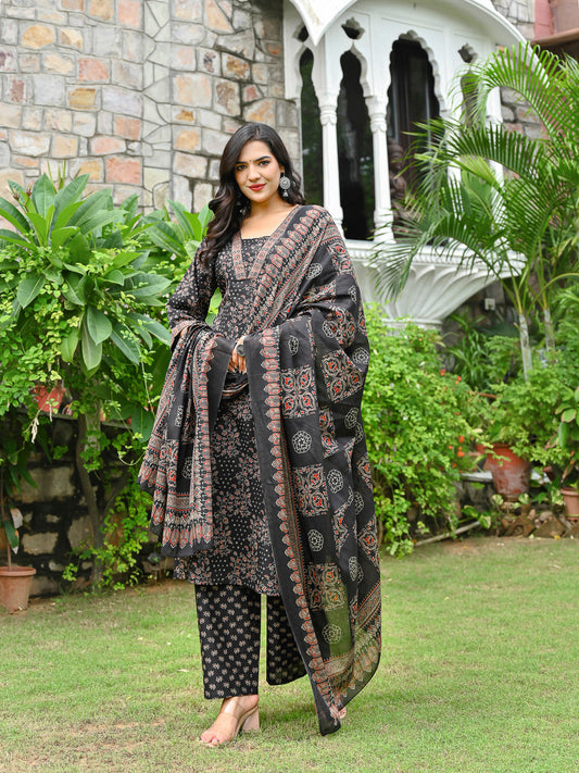 Black Printed Straight Kurta & Palazzo With Dupatta for Women | LASVINI - Redefining Indian Fashion with Elegance