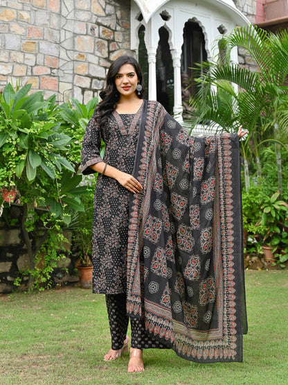 Black Printed Straight Kurta & Palazzo With Dupatta for Women | LASVINI - Redefining Indian Fashion with Elegance