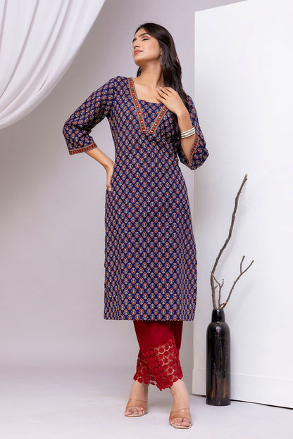 Blue Printed Straight Kurta with Three Quarter Sleeves | LASVINI - Redefining Indian Fashion with Elegance