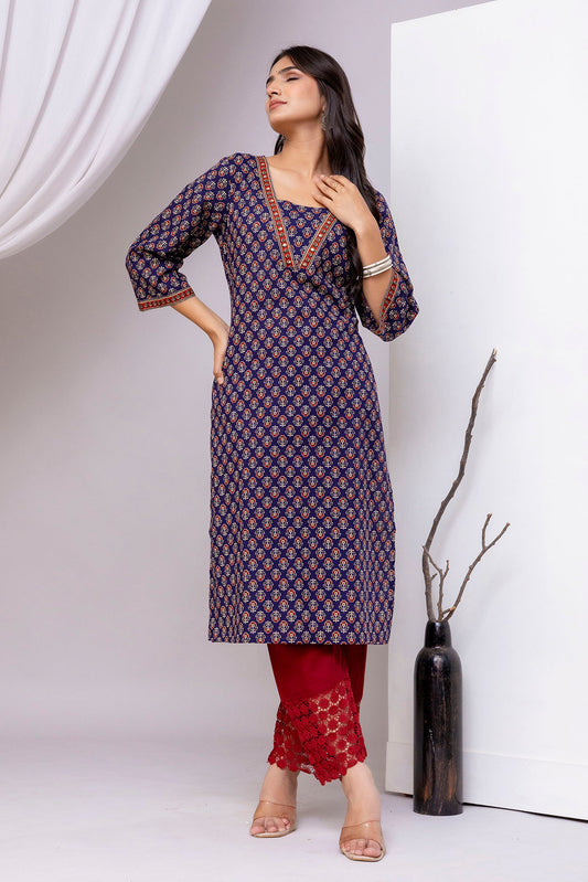 Blue Printed Straight Kurta with Three Quarter Sleeves | LASVINI - Redefining Indian Fashion with Elegance