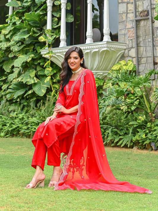Red Embroidered Kurta Set | LASVINI - Redefining Indian Fashion with Elegance