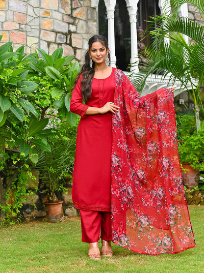 Maroon Solid Straight Kurta Set With Printed Dupatta for Women | LASVINI - Redefining Indian Fashion with Elegance