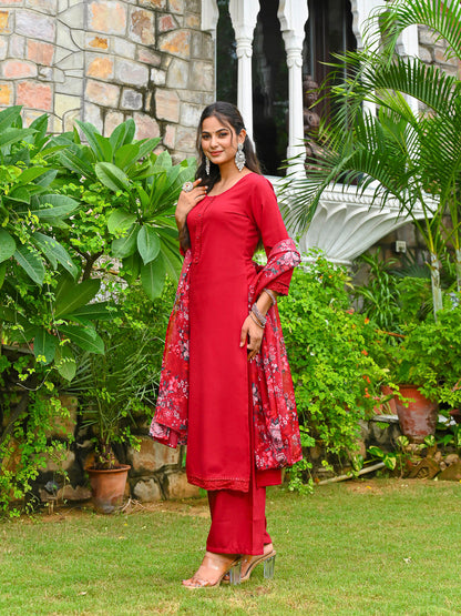 Maroon Solid Straight Kurta Set With Printed Dupatta for Women | LASVINI - Redefining Indian Fashion with Elegance