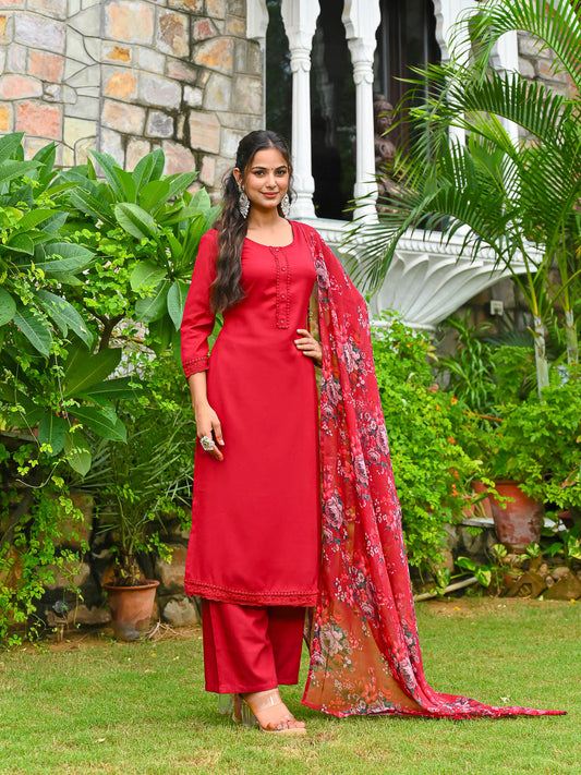 Maroon Solid Straight Kurta Set With Printed Dupatta for Women | LASVINI - Redefining Indian Fashion with Elegance