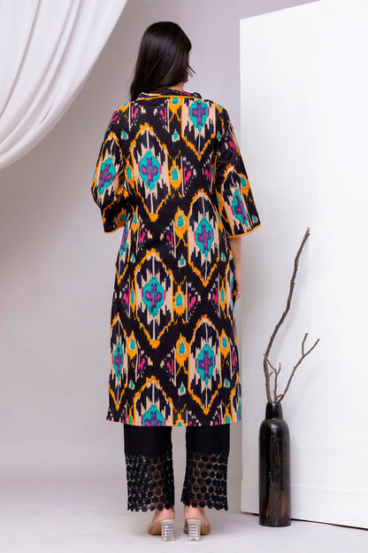Black Printed Straight Kurta with Three Quarter Sleeves | LASVINI - Redefining Indian Fashion with Elegance