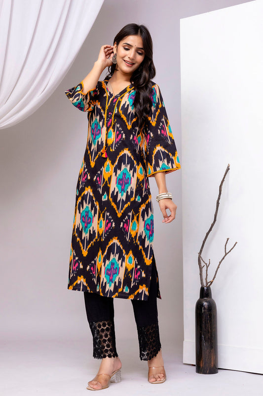 Black Printed Straight Kurta with Three Quarter Sleeves | LASVINI - Redefining Indian Fashion with Elegance