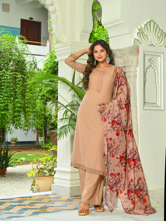Beige Solid Straight Kurta Set With Printed Dupatta for Women | LASVINI - Redefining Indian Fashion with Elegance