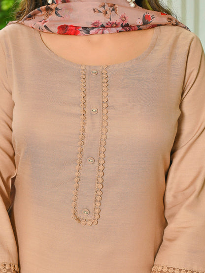 Beige Solid Straight Kurta Set With Printed Dupatta for Women | LASVINI - Redefining Indian Fashion with Elegance