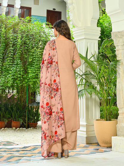 Beige Solid Straight Kurta Set With Printed Dupatta for Women | LASVINI - Redefining Indian Fashion with Elegance