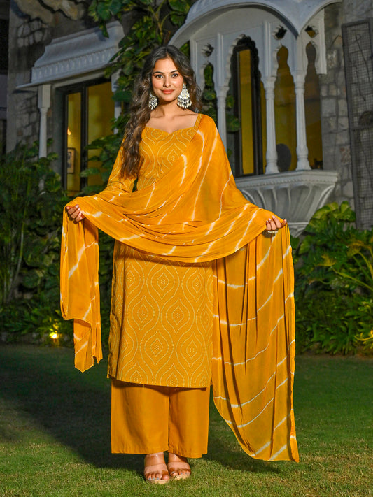 Yellow Printed Straight Kurta & Palazzo With Dupatta for Women | LASVINI - Redefining Indian Fashion with Elegance