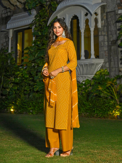 Yellow Printed Straight Kurta & Palazzo With Dupatta for Women | LASVINI - Redefining Indian Fashion with Elegance