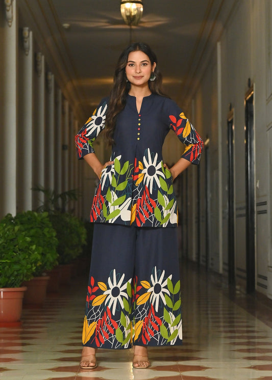 Blue Floral Printed Co-Ord Set for Women | LASVINI - Redefining Indian Fashion with Elegance