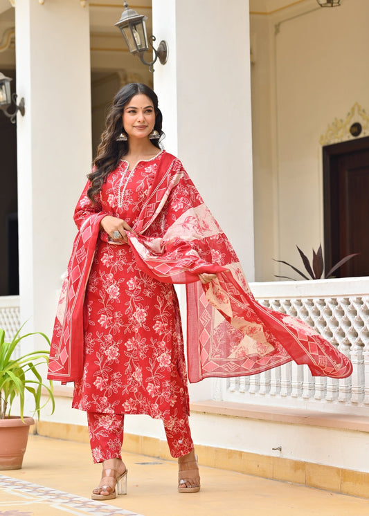 Red Printed Straight Kurta & Trouser With Dupatta for Women | LASVINI - Redefining Indian Fashion with Elegance