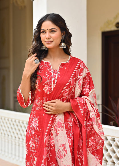 Red Printed Straight Kurta & Trouser With Dupatta for Women | LASVINI - Redefining Indian Fashion with Elegance