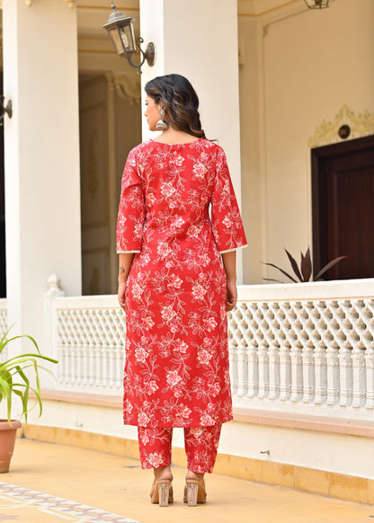 Red Printed Straight Kurta & Trouser With Dupatta for Women | LASVINI - Redefining Indian Fashion with Elegance