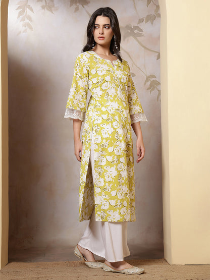 Lime Green Printed Straight Kurta with Three Quarter Sleeves | LASVINI - Redefining Indian Fashion with Elegance