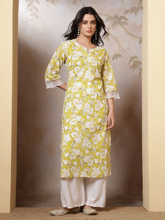 Lime Green Printed Straight Kurta with Three Quarter Sleeves | LASVINI - Redefining Indian Fashion with Elegance